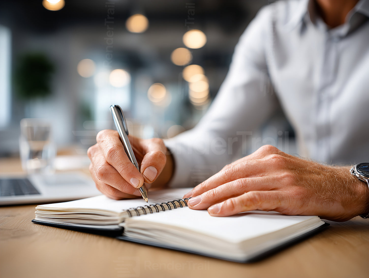 Writing notes in a modern workspace during the daytime with natural light streaming in