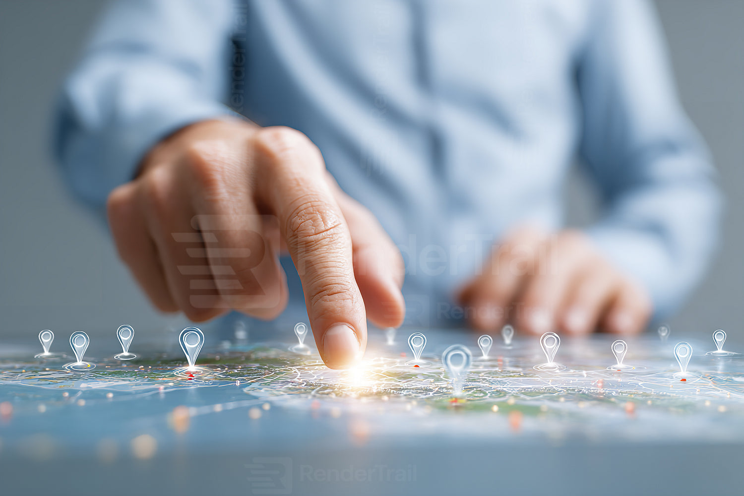 Exploring a digital map with fingertips to find locations and plan routes during a busy day