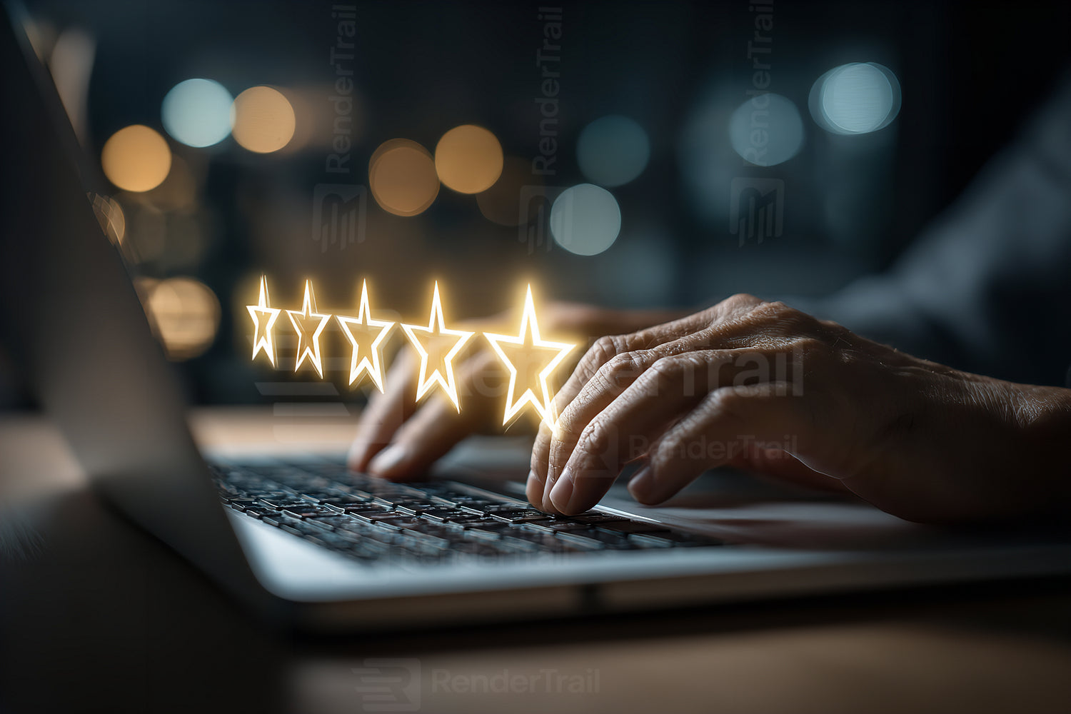 Hands typing on a laptop while glowing stars represent a review, highlighting online feedback