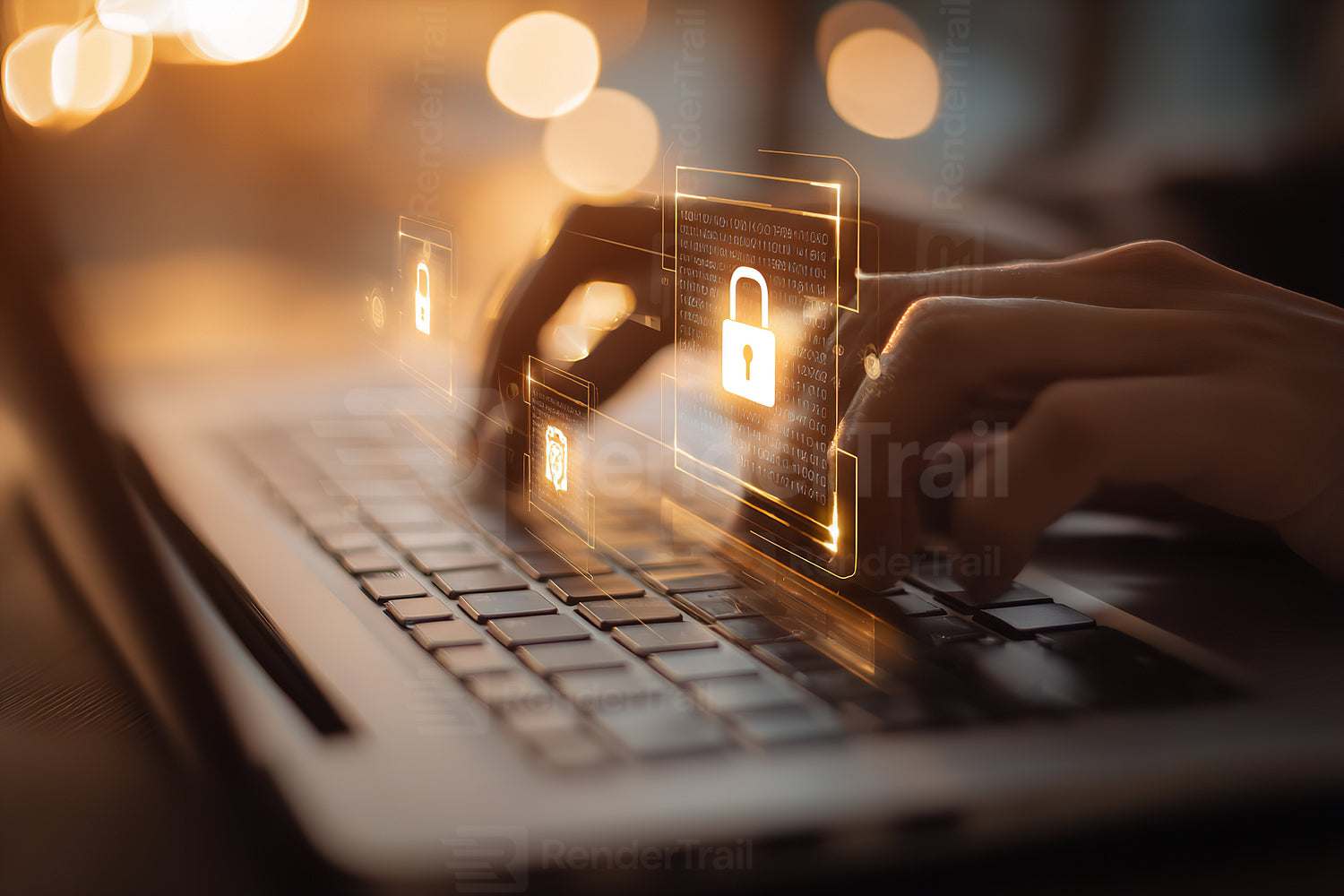 Digital security measures are implemented while working on a laptop during the evening