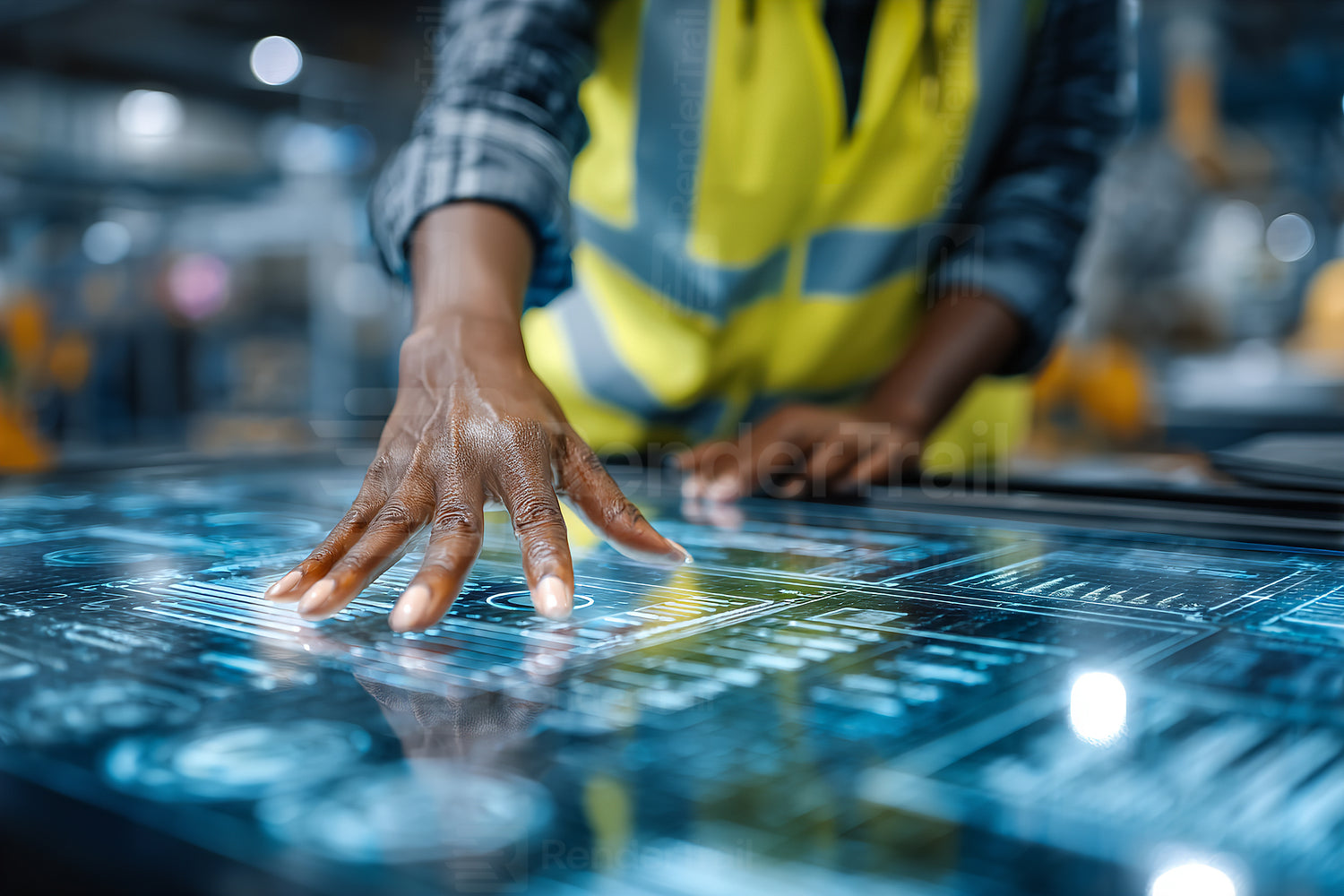Engineer interacts with advanced touchscreen technology in a modern industrial facility during daytime