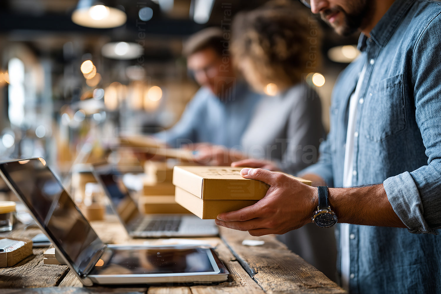 People preparing and packaging products in a modern workspace during the day