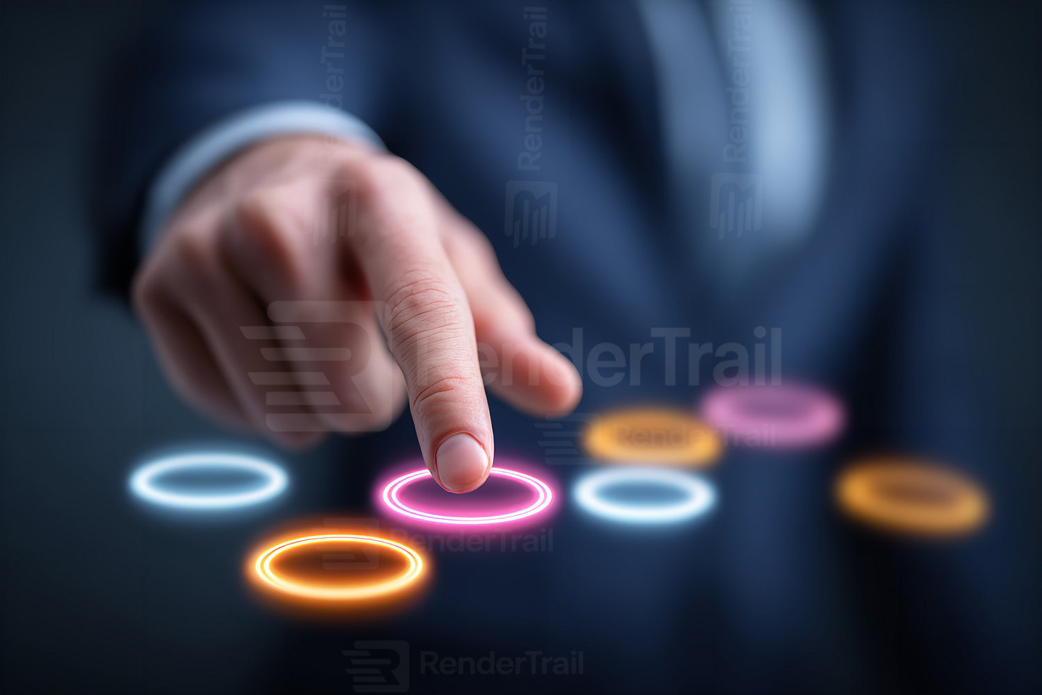 Business professional interacting with digital interface, exploring technology and innovation concepts