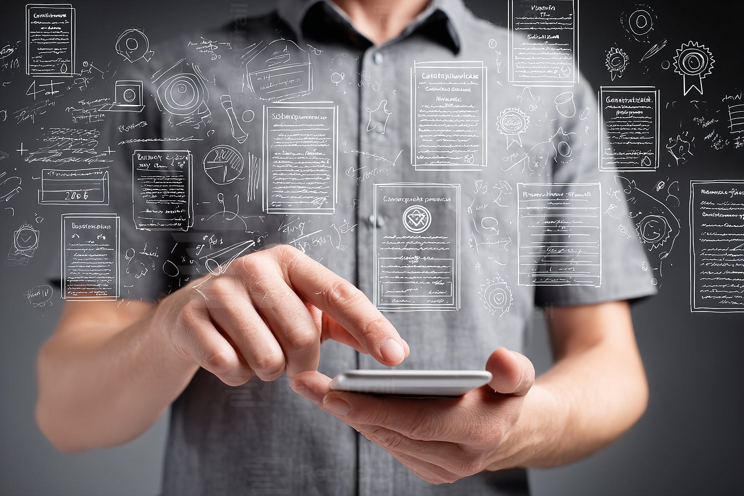 Person using smartphone with digital information graphics in the background at workplace