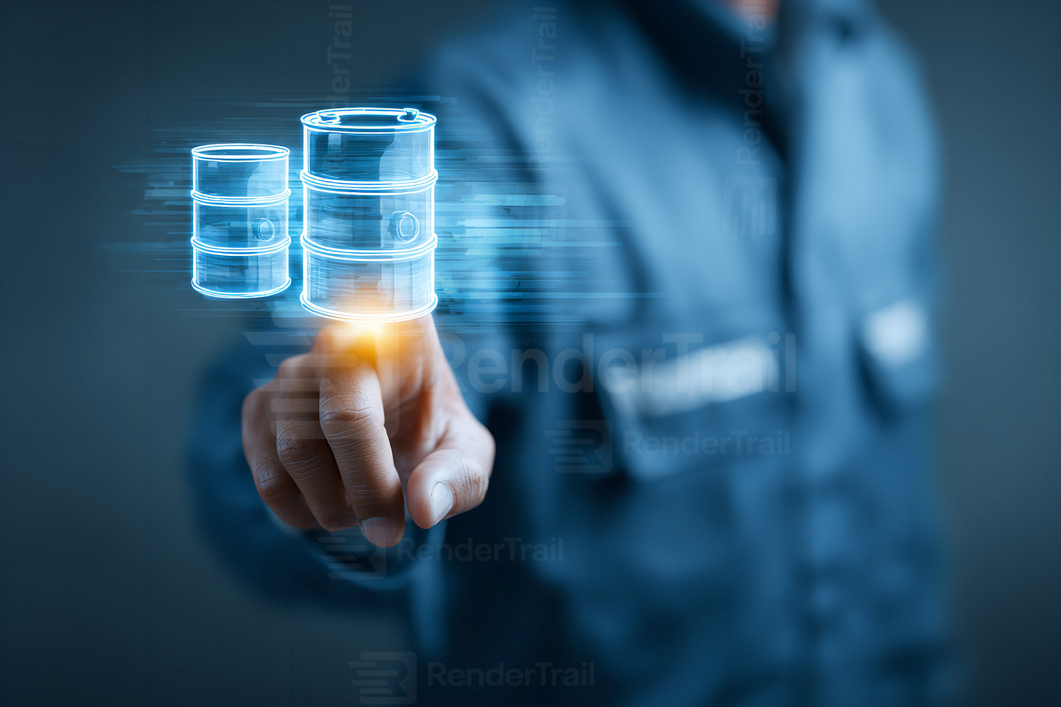 Engineer interacting with digital interface displaying oil barrels in a technology-focused environment