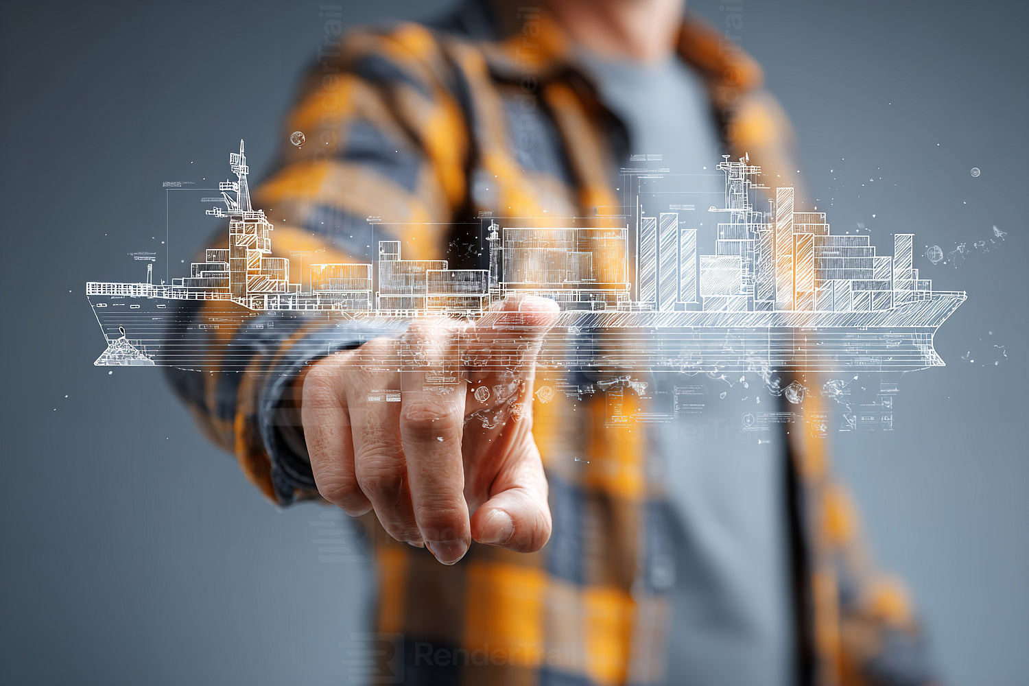Digital ship design shown by a person in a plaid shirt in a creative workspace during the day