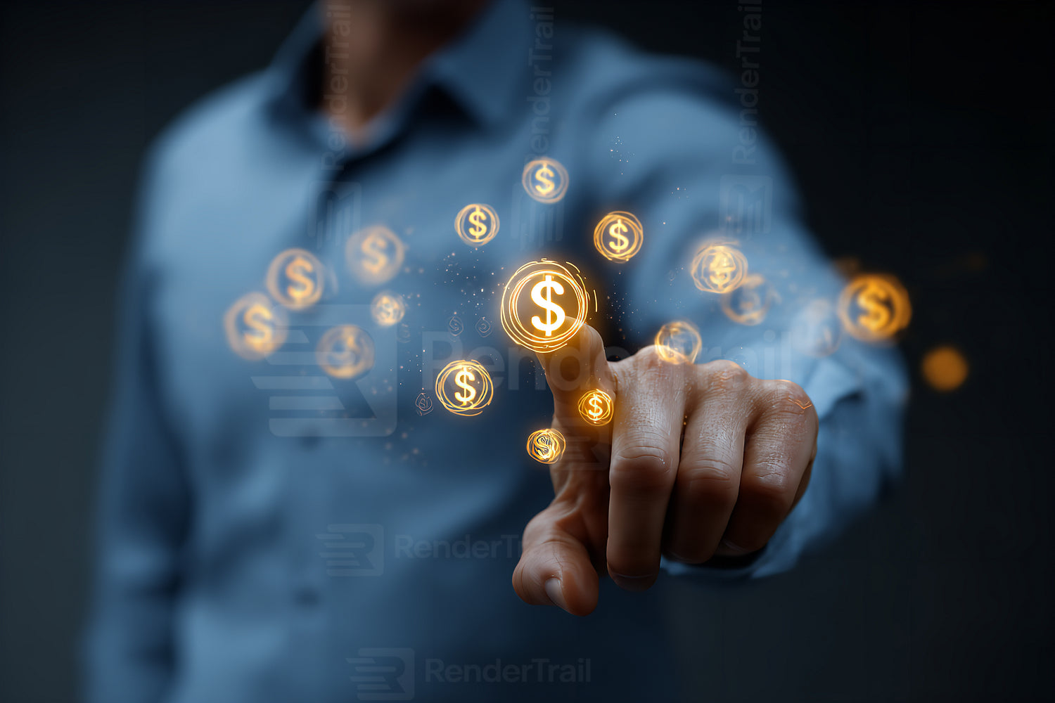 Hand reaching towards digital money symbols in a dark setting for financial concepts