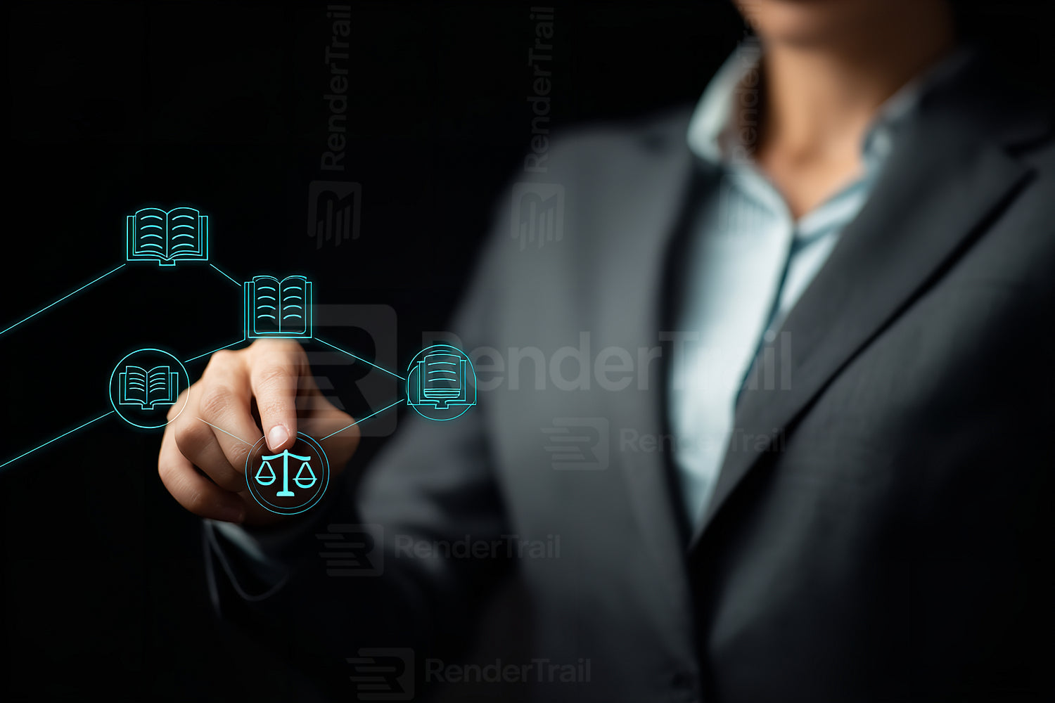 Business professional interacting with digital law symbols in a modern office environment during a presentation
