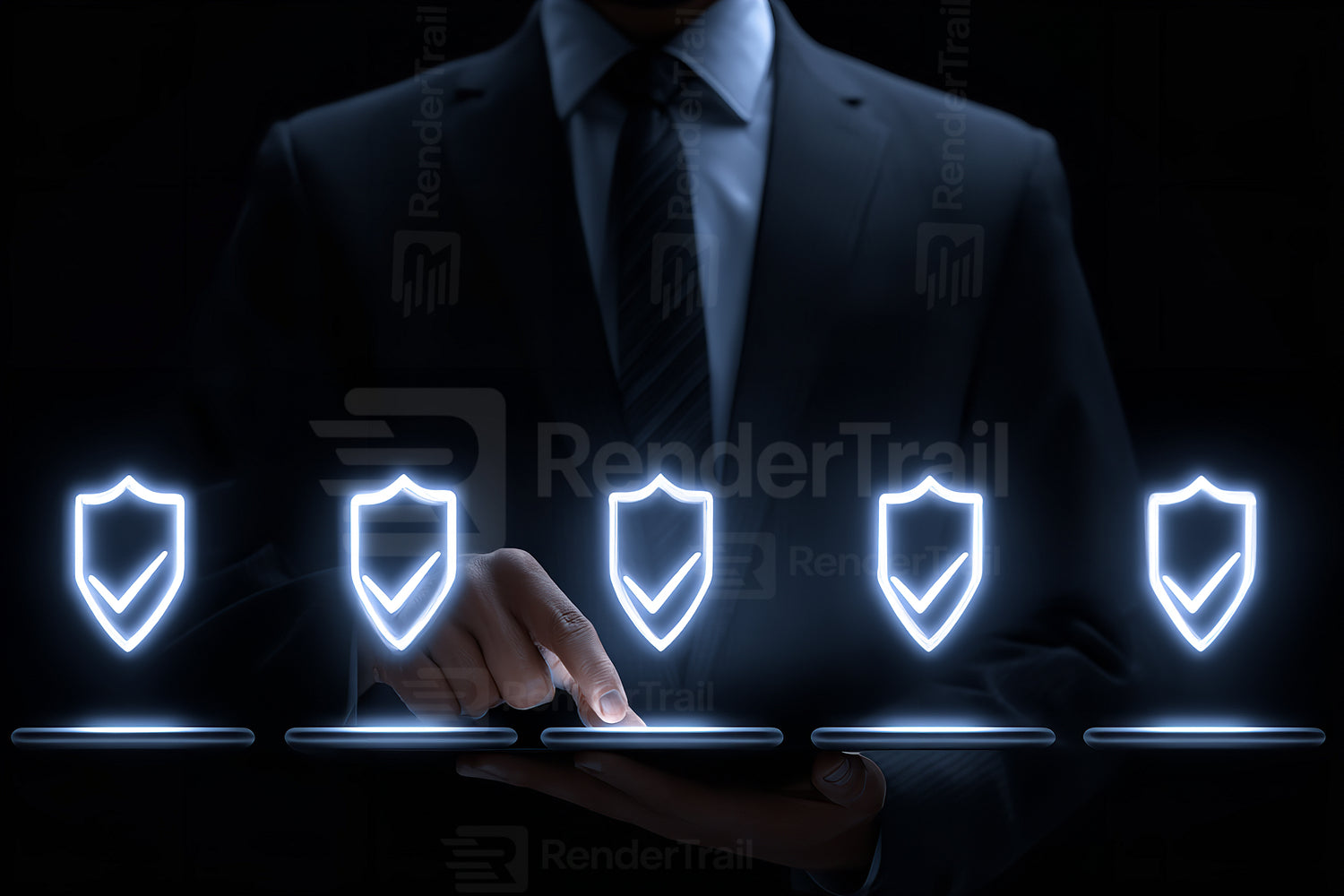 Business professional interacts with digital security icons in a dark setting to depict modern technology and cybersecurity solutions