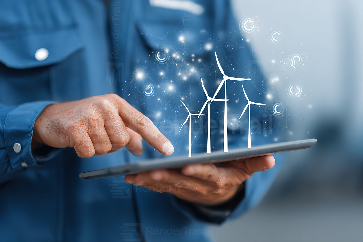 Engineer using tablet to visualize wind turbines in renewable energy project during sunny day