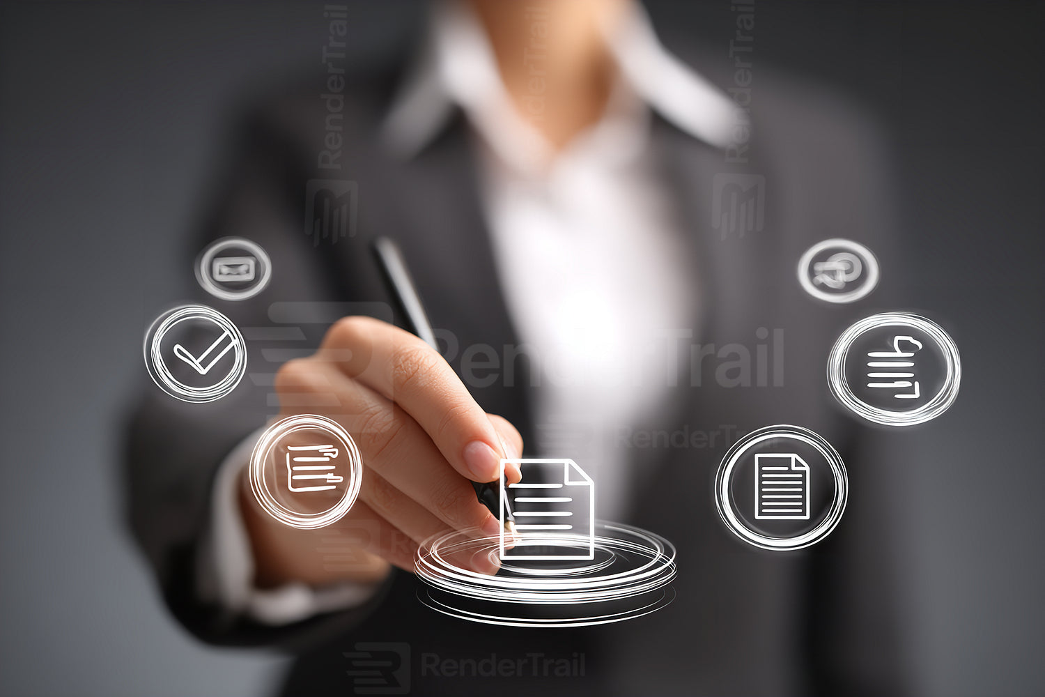 Business professional interacting with digital documents in a modern office environment