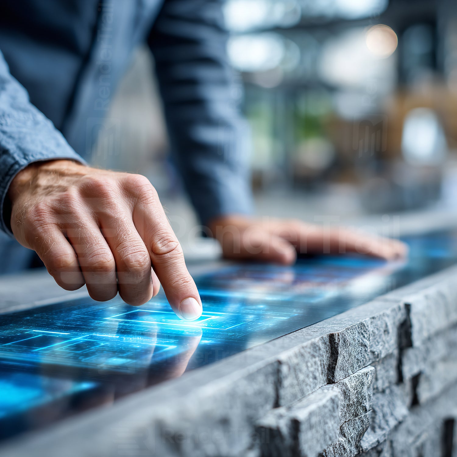 Person interacting with a touch screen display featuring digital data in a modern facility