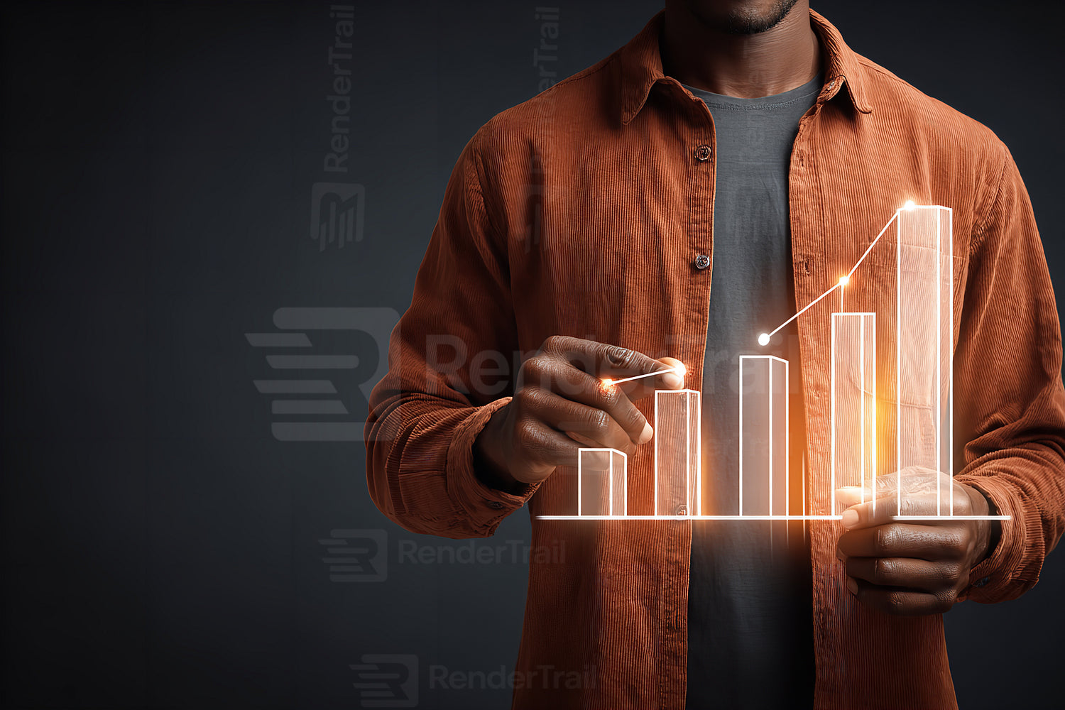 Business professional analyzing growth trends with digital graph in dimly lit studio