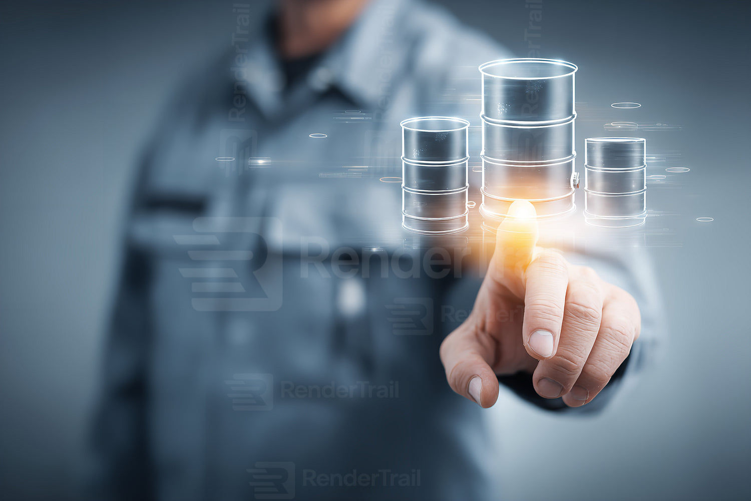 Worker interacting with oil barrel graphics for energy management in a modern industrial setting