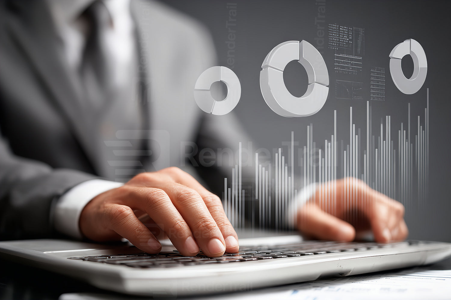 Business professional analyzing data on a laptop with digital graphs in a modern office setting