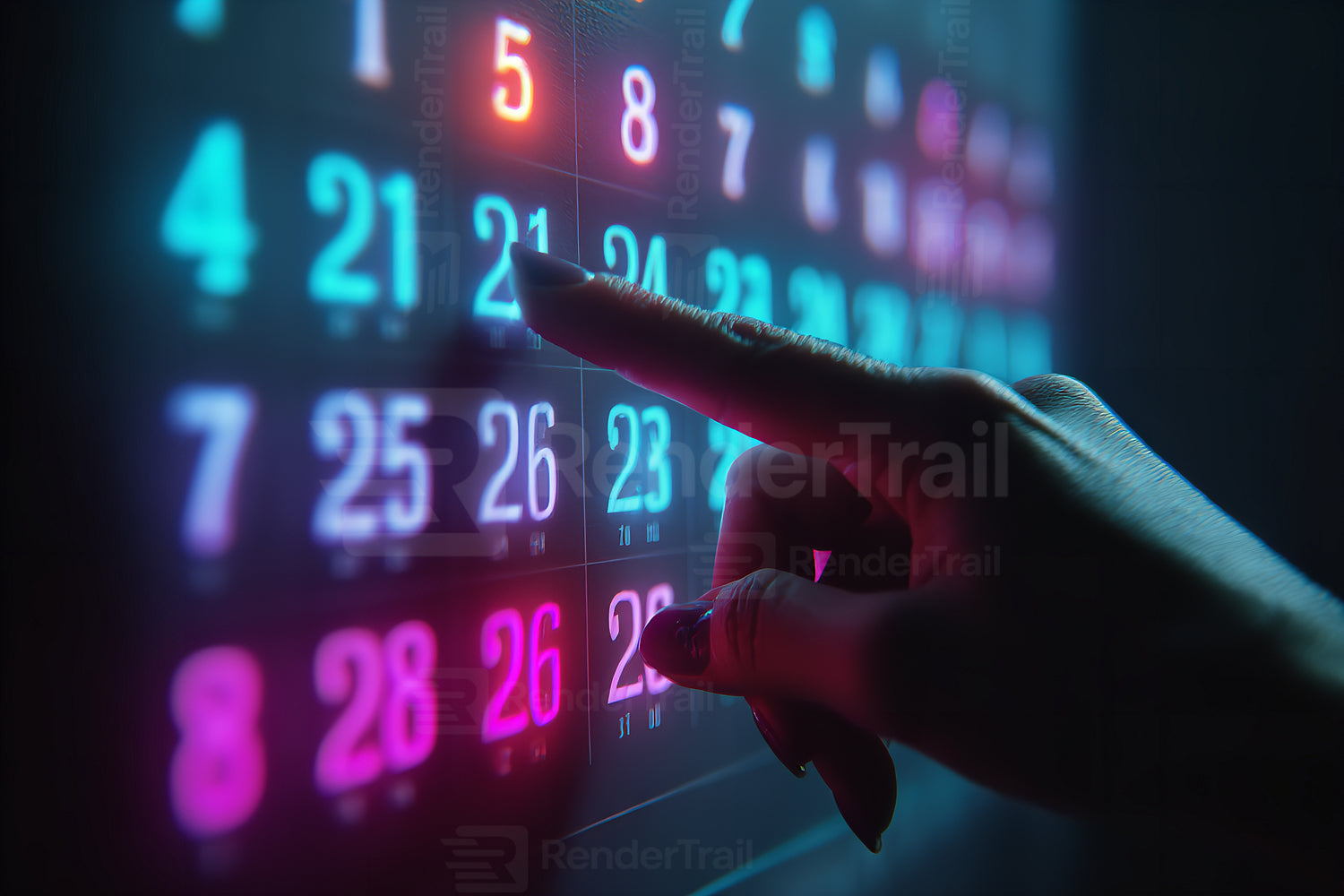 Colorful digital calendar display with hand selecting date in evening light
