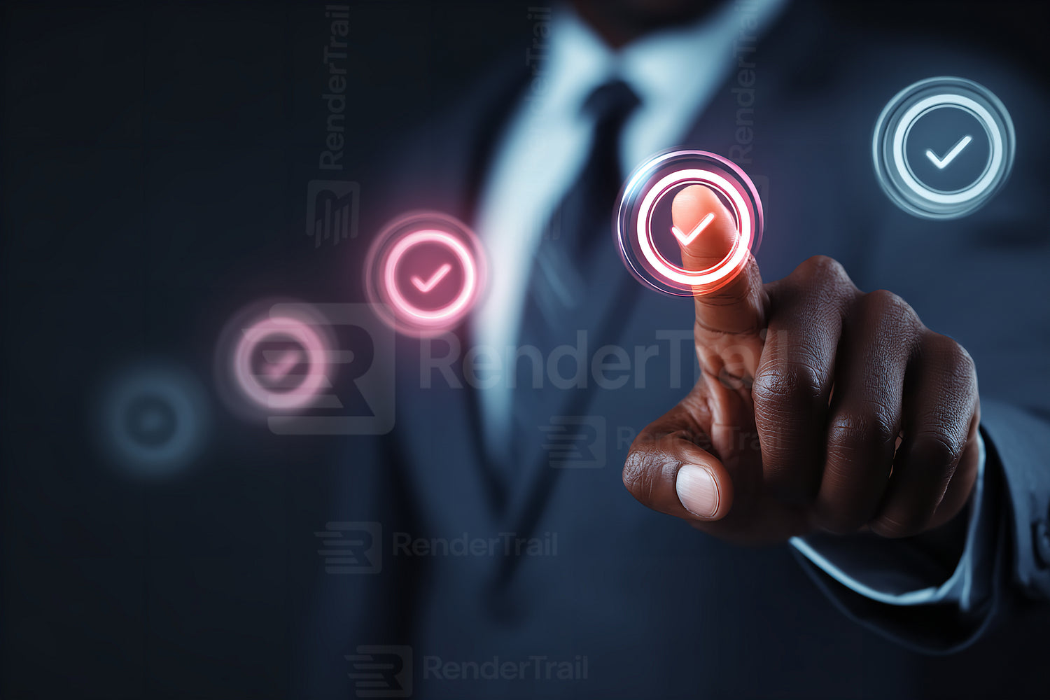 Businessman selecting options on a digital interface with checkmark symbols, showcasing technology and decision-making