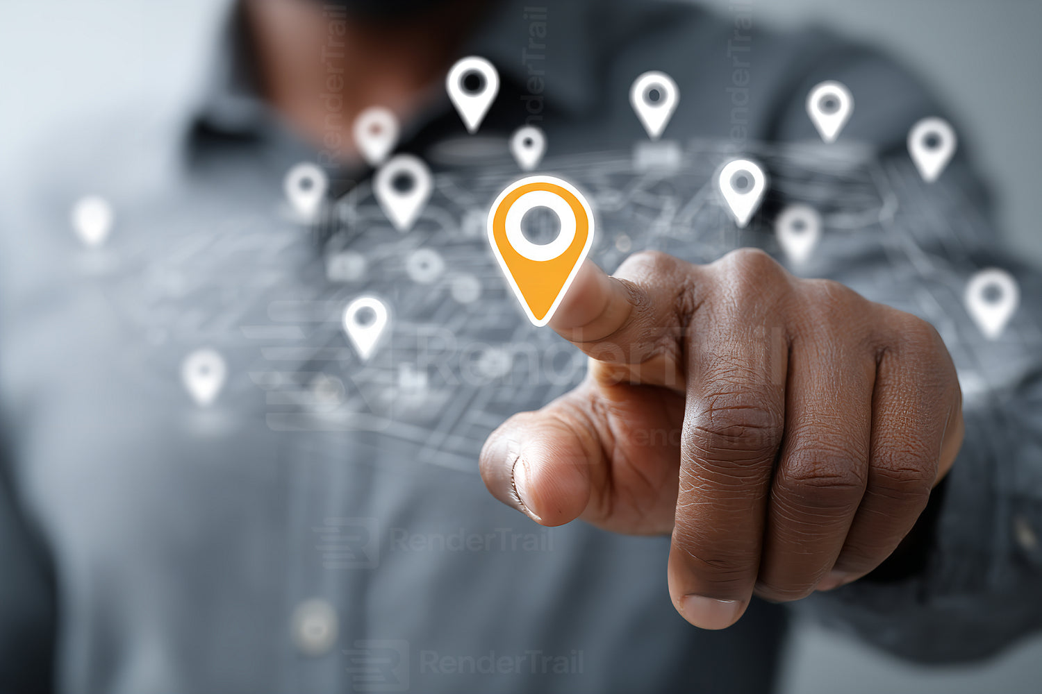 Man using touch gesture for location selection in a digital map interface with map markers