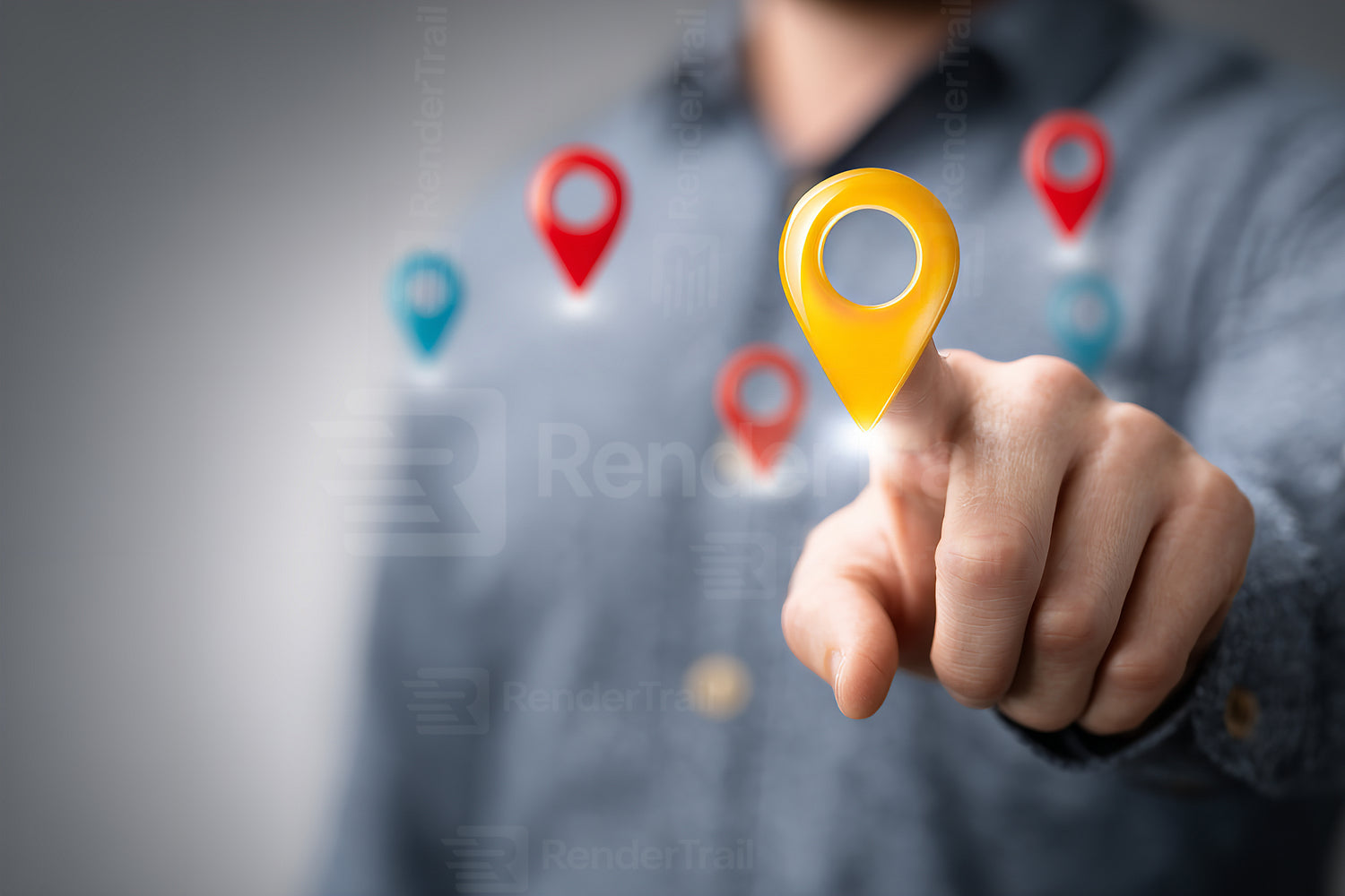 Man points to a bright location marker on a digital interface in a modern workspace