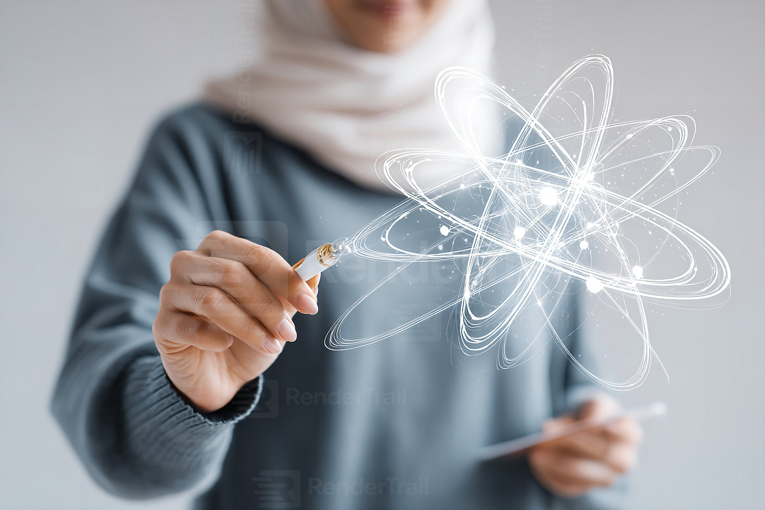 Woman in a hijab using a glowing pen to draw an atom structure indoors during a science engagement activity