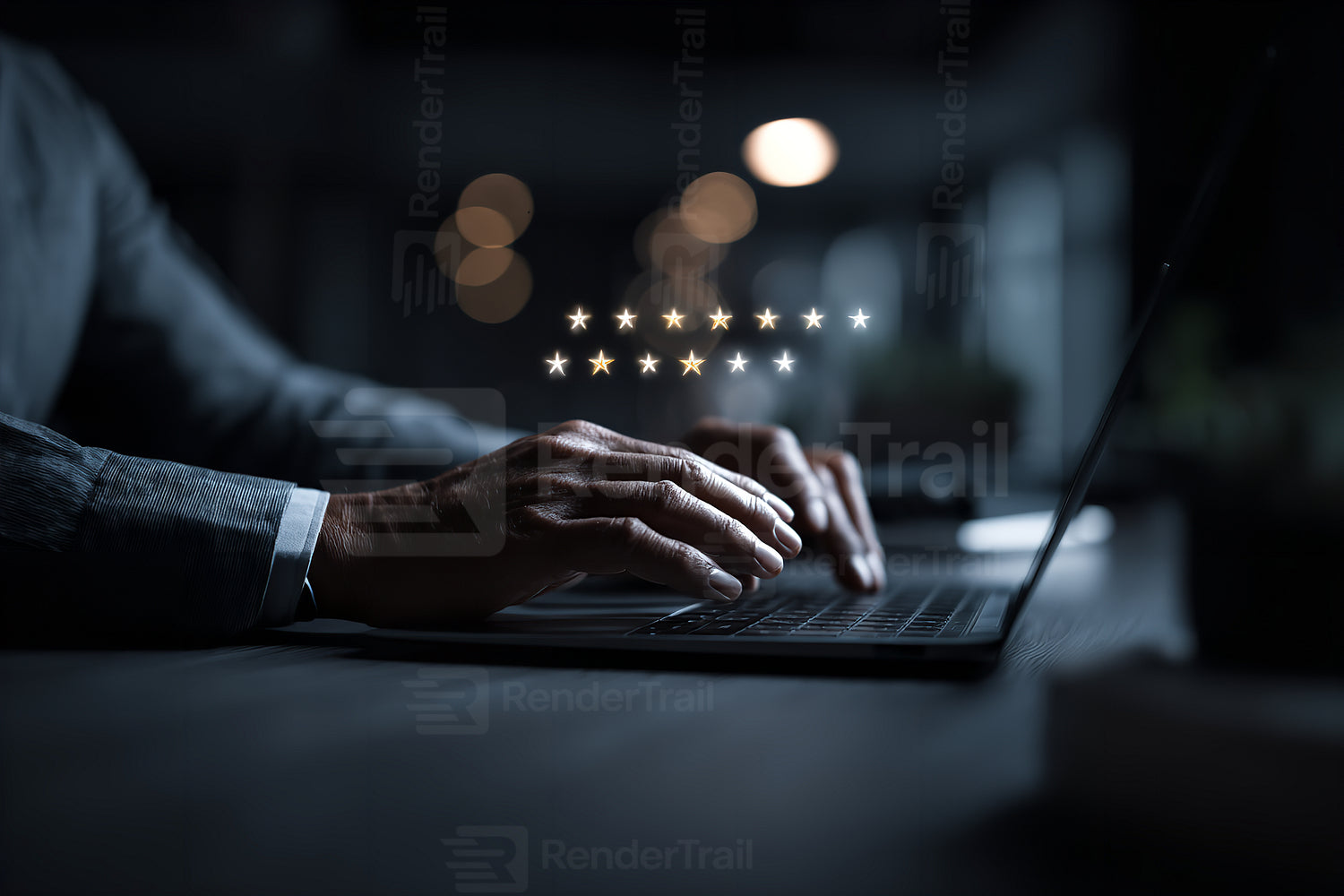 Business professional working late at night on laptop in dimly lit office space