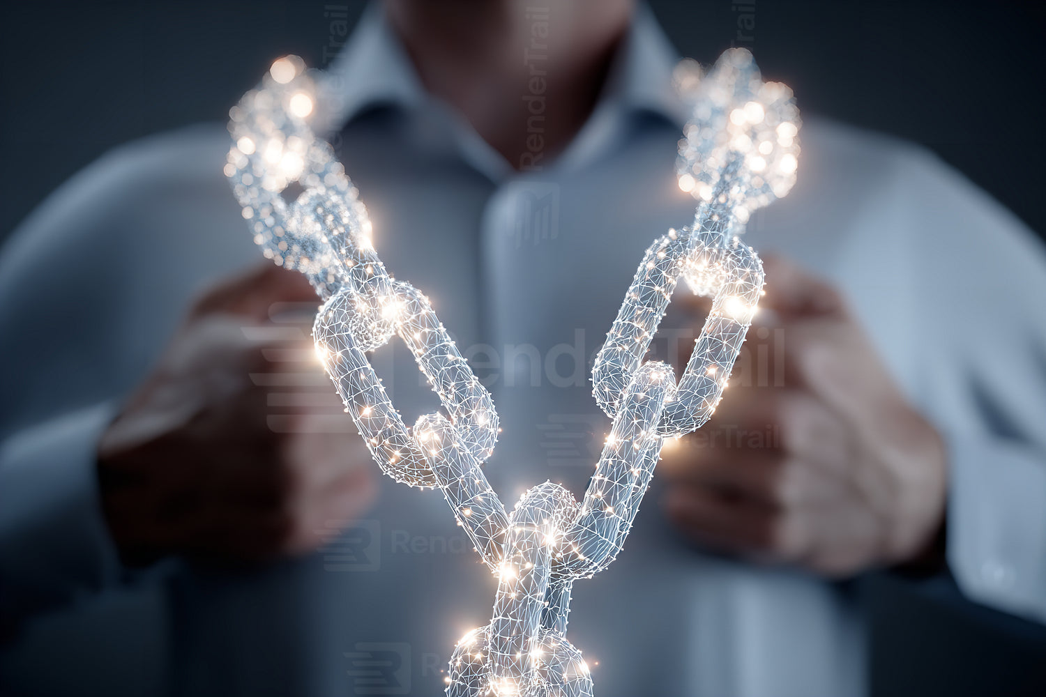 Shiny digital chain held by a person, symbolizing connection and technology in a modern setting