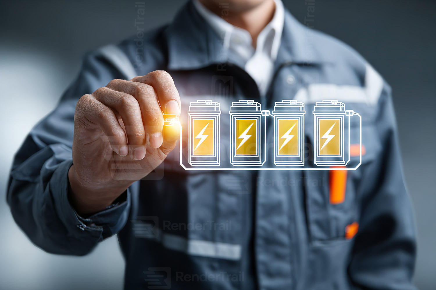 Worker interacting with digital battery icons in a modern industrial setting