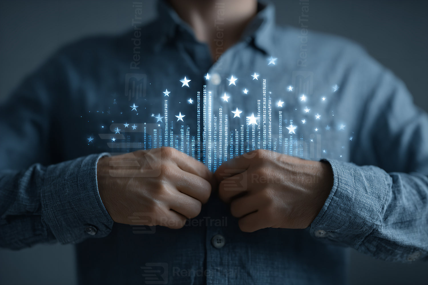 Digital sound waves and magic stars emerging from a person's shirt at a creative event indoors in the evening