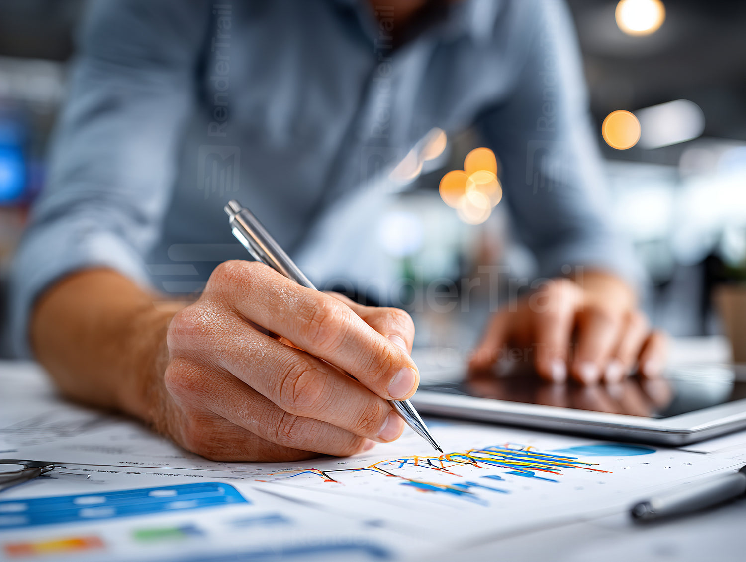Professional conducts analysis in a modern office setting with charts and digital device on the desk