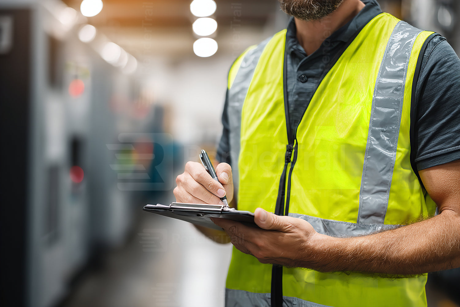 Worker in safety vest takes notes in industrial setting during daytime inspection of machinery and equipment