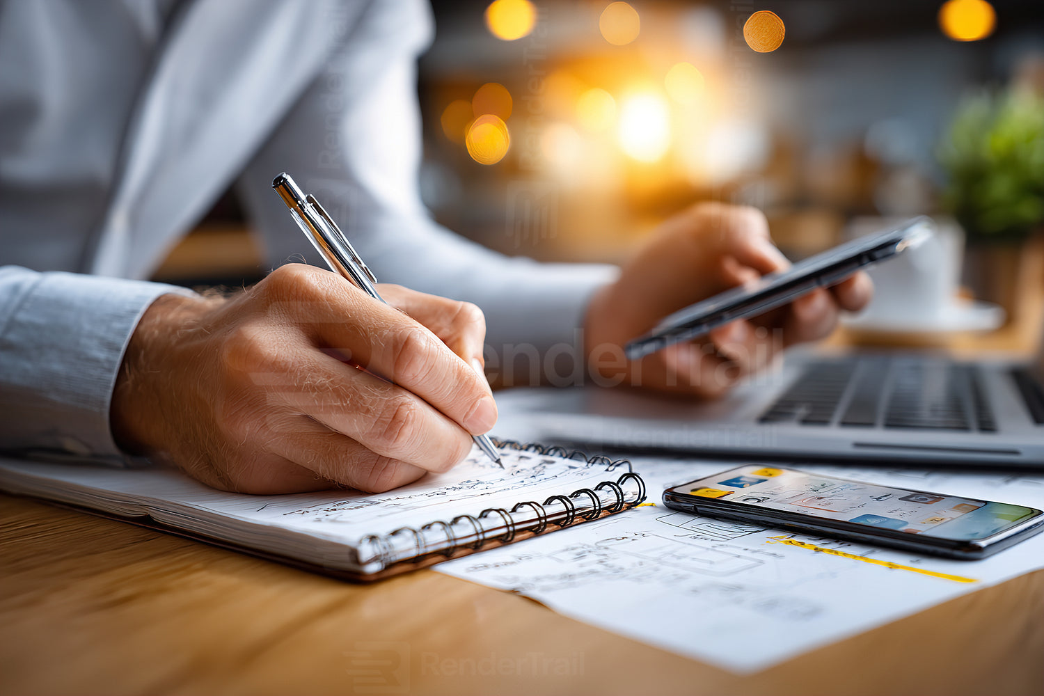 Busy professional working at a laptop while taking notes in a notebook with a smartphone nearby in a cozy workspace