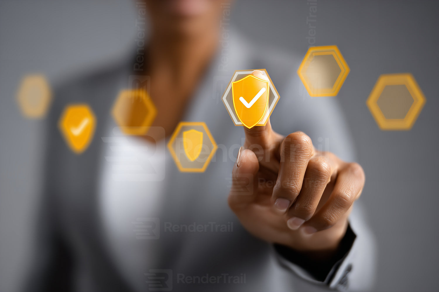 Professional individual interacting with security icons in a modern setting during daytime