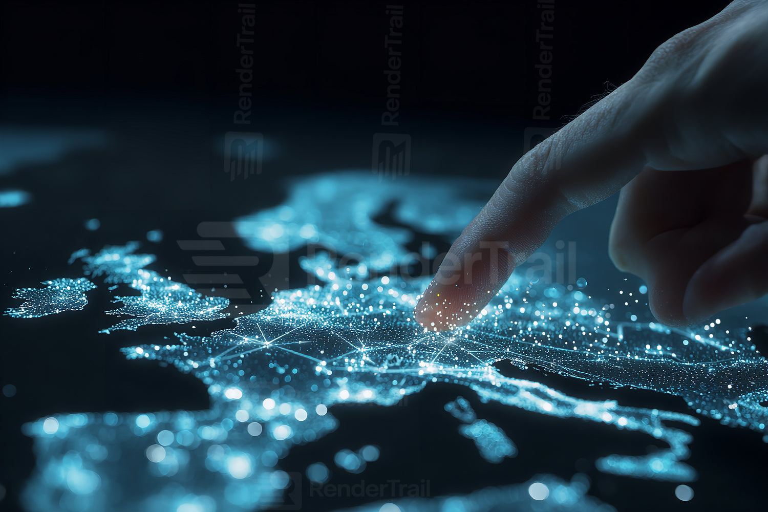 Exploring digital map of Europe with interactive touchscreen at night