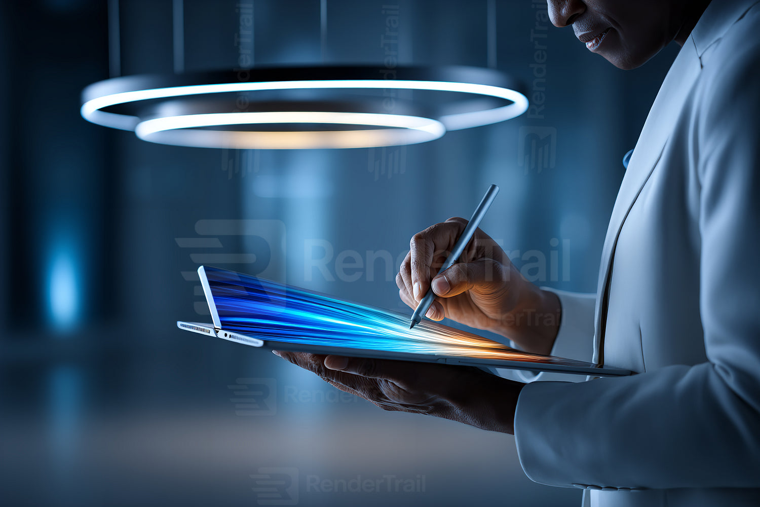 Creative professional uses digital tablet to design artwork in modern workspace with stylish lighting