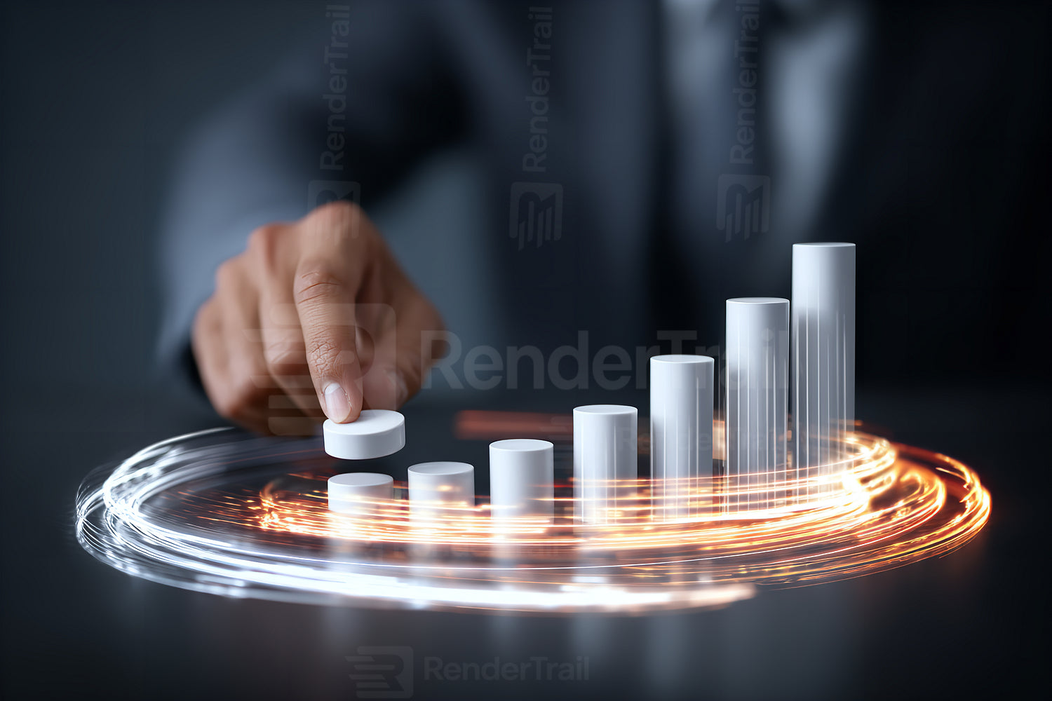 Businessman analyzing growth trends with increasing graphs and data metrics
