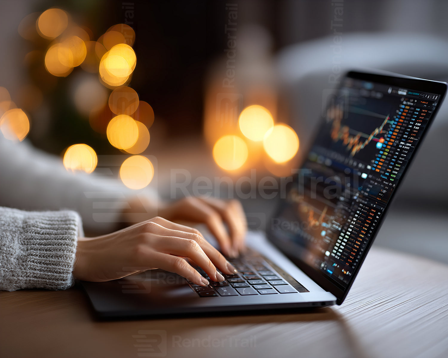Person analyzing stock market data on a laptop in a cozy indoor setting with warm lights