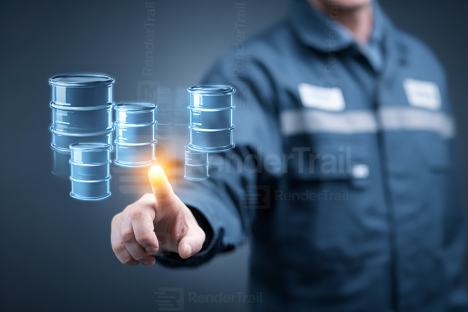 Worker interacting with digital oil barrel data display in a modern industrial setting