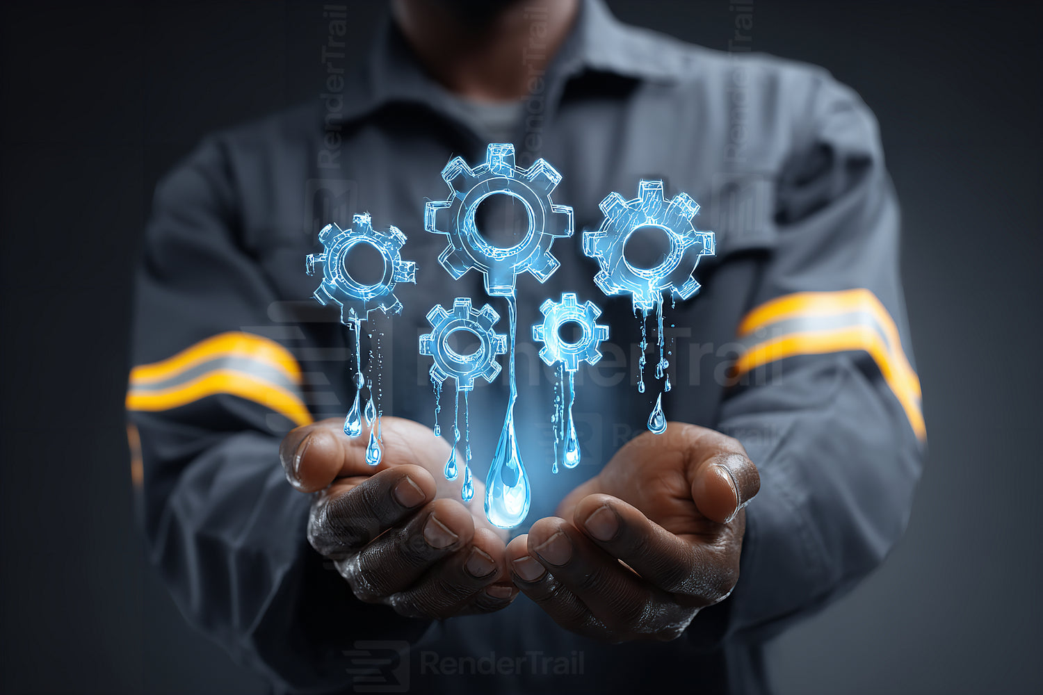 Hands holding glowing gears and droplets, symbolizing technology and innovation in a creative workspace