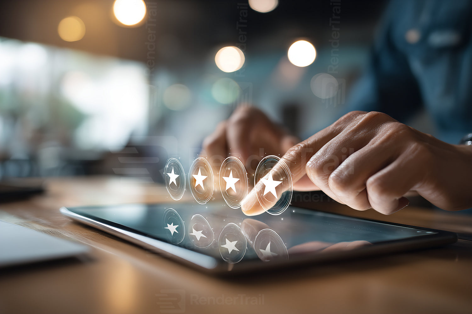 Rating service with fingers on tablet screen at cafe during daytime, enjoying feedback process and digital interaction