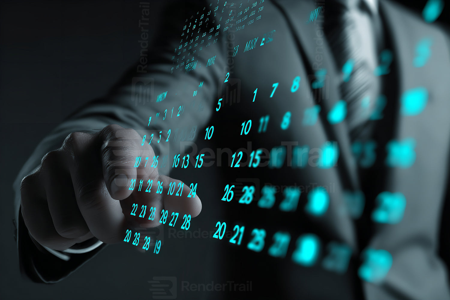 Businessman interacting with digital data interface in a modern office space