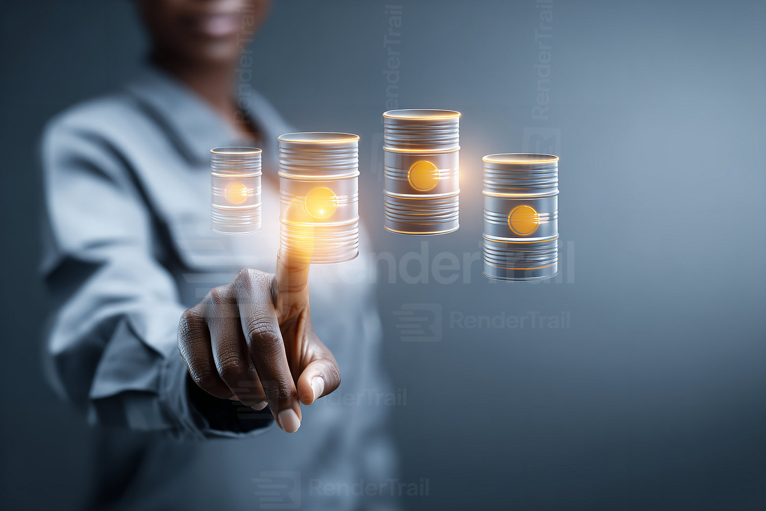 Businesswoman interacting with virtual data storage cans in a modern office environment