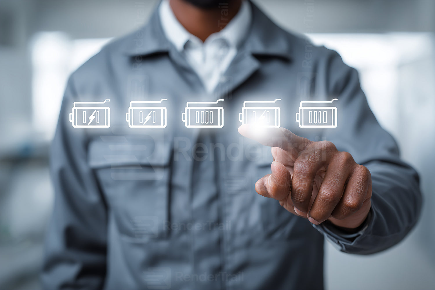 Technician checks battery levels using touch screen interface in modern workshop setting