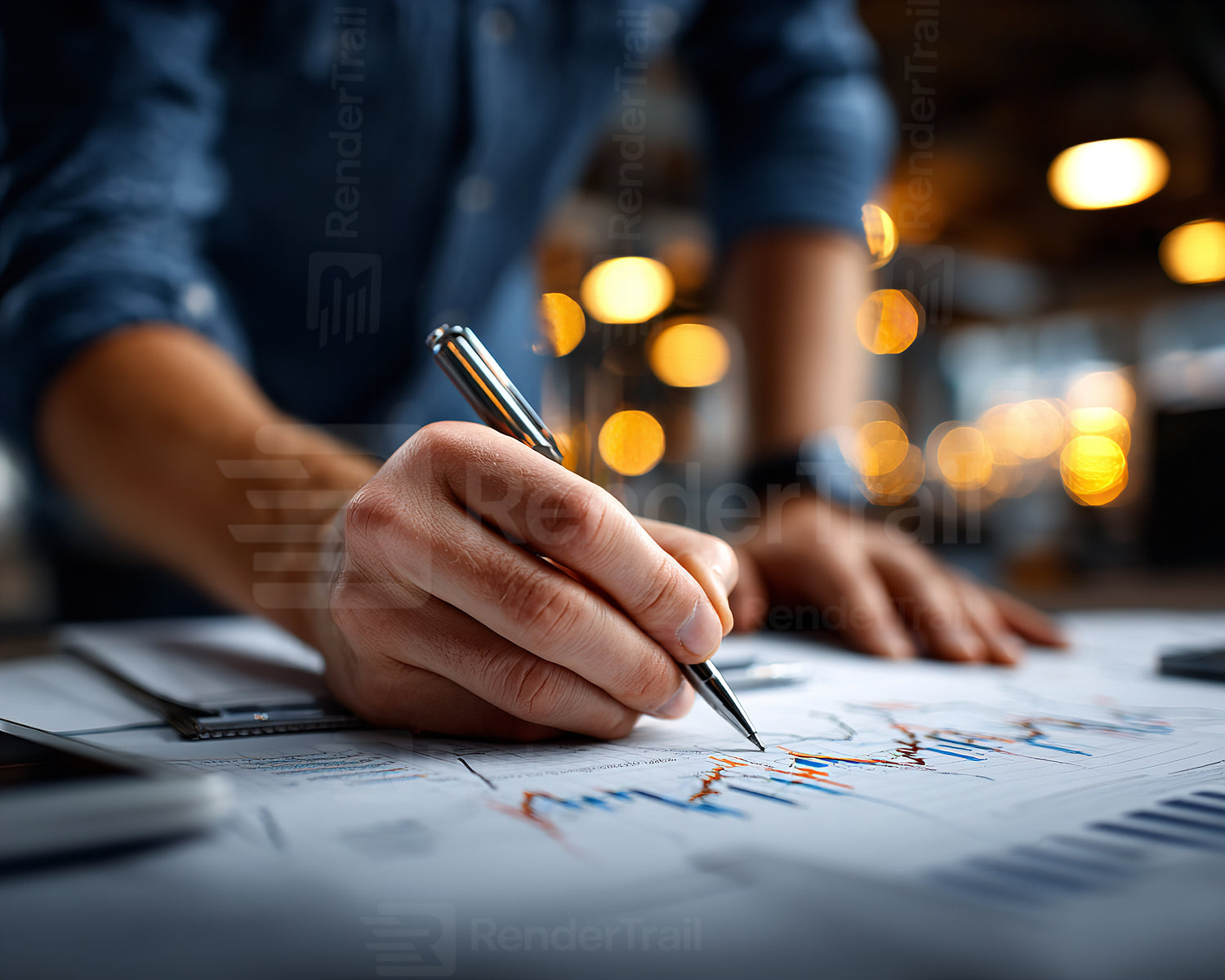 Business professional analyzing reports and making notes in a modern office environment during the evening