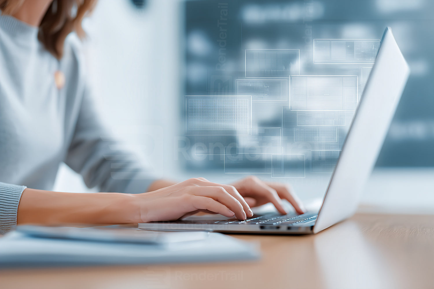 Person working diligently on a laptop at a modern workspace with a focus on productivity