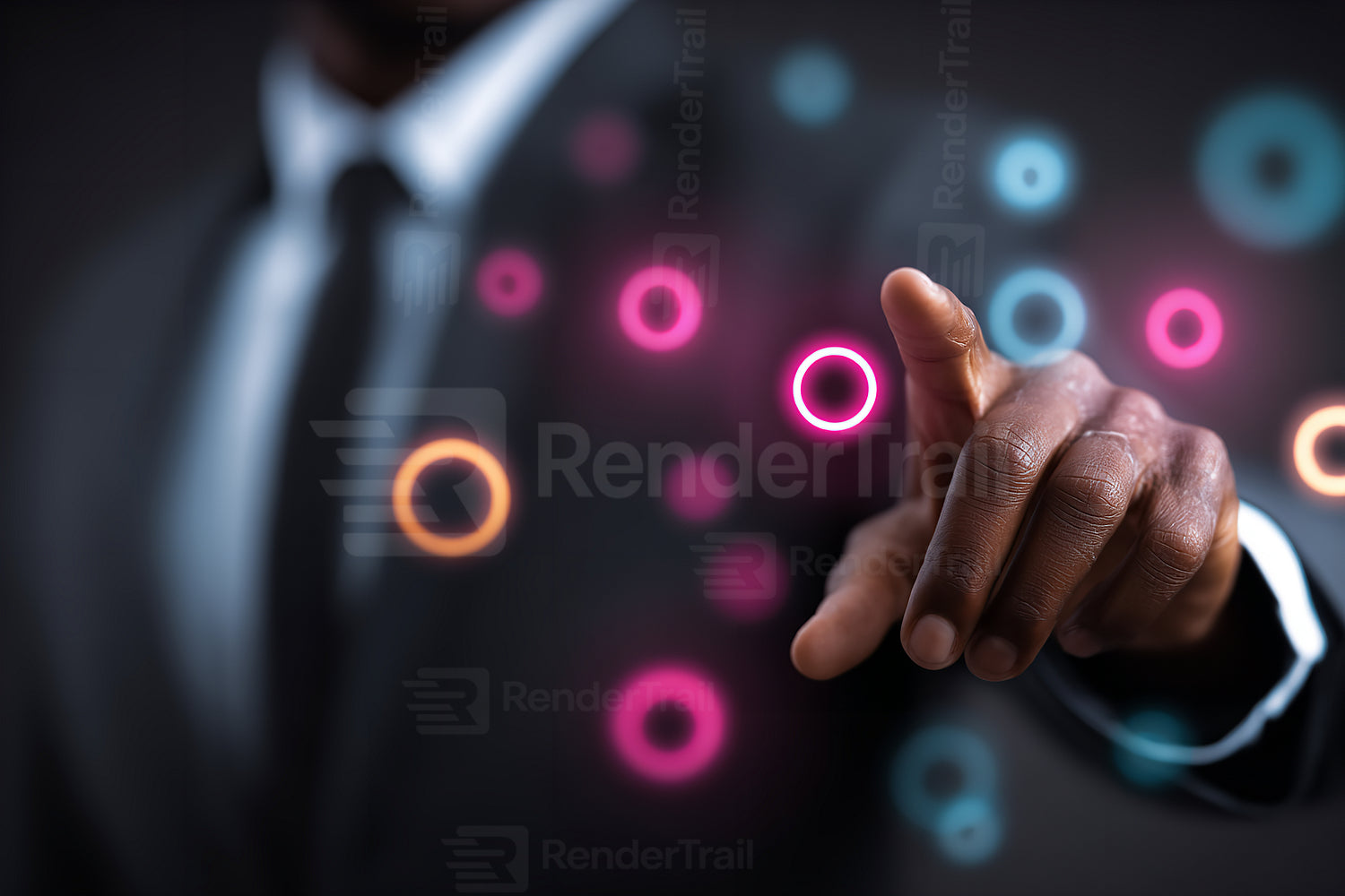 Business professional interacting with digital interface of colorful circles in a modern office setting