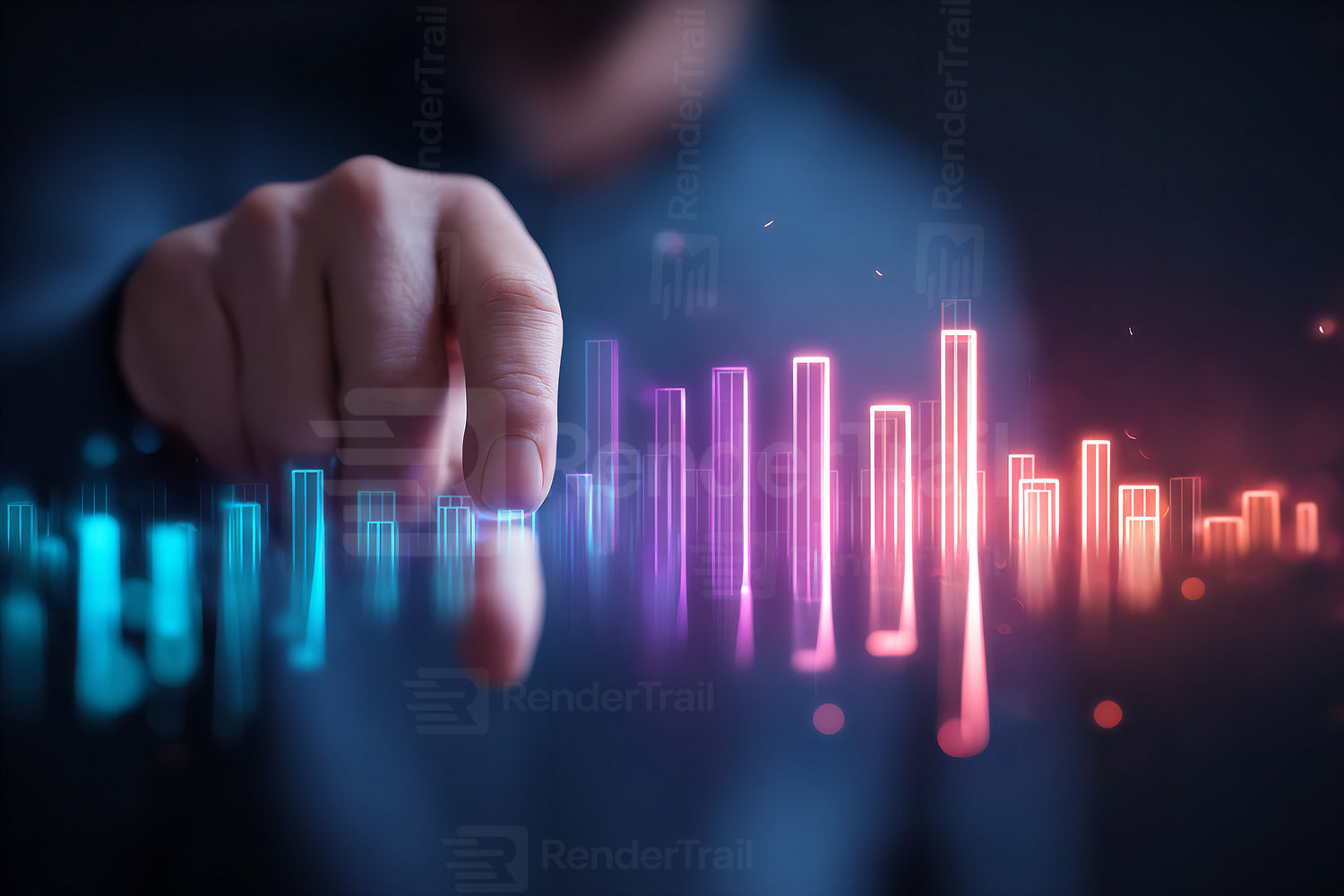 Person interacts with colorful digital sound waves in a modern tech environment at night