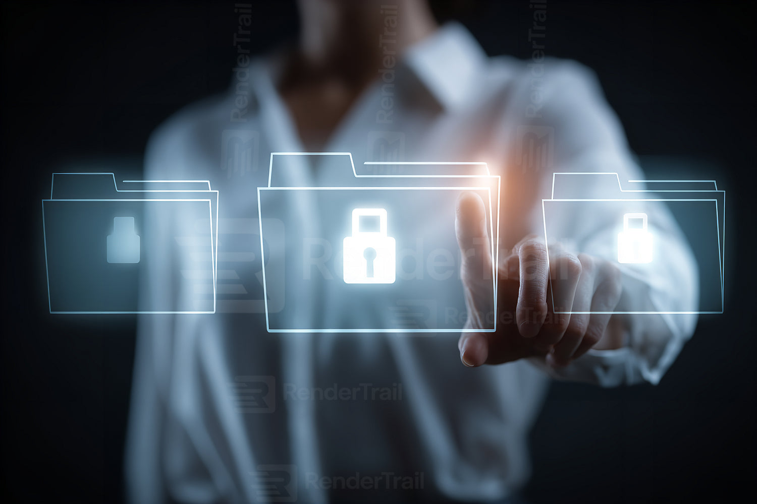 Person interacting with digital files in a secure environment while highlighting data protection measures