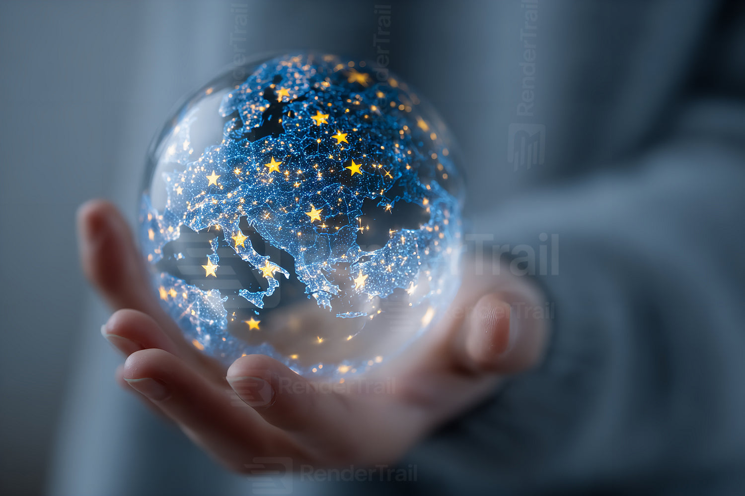 Hand holding a glowing globe showcasing vibrant lights on the map of Europe at night