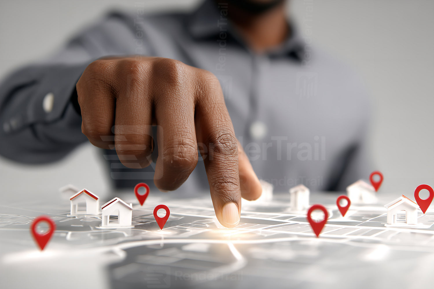 Man points on a digital map to select locations for real estate investment opportunities in an urban area