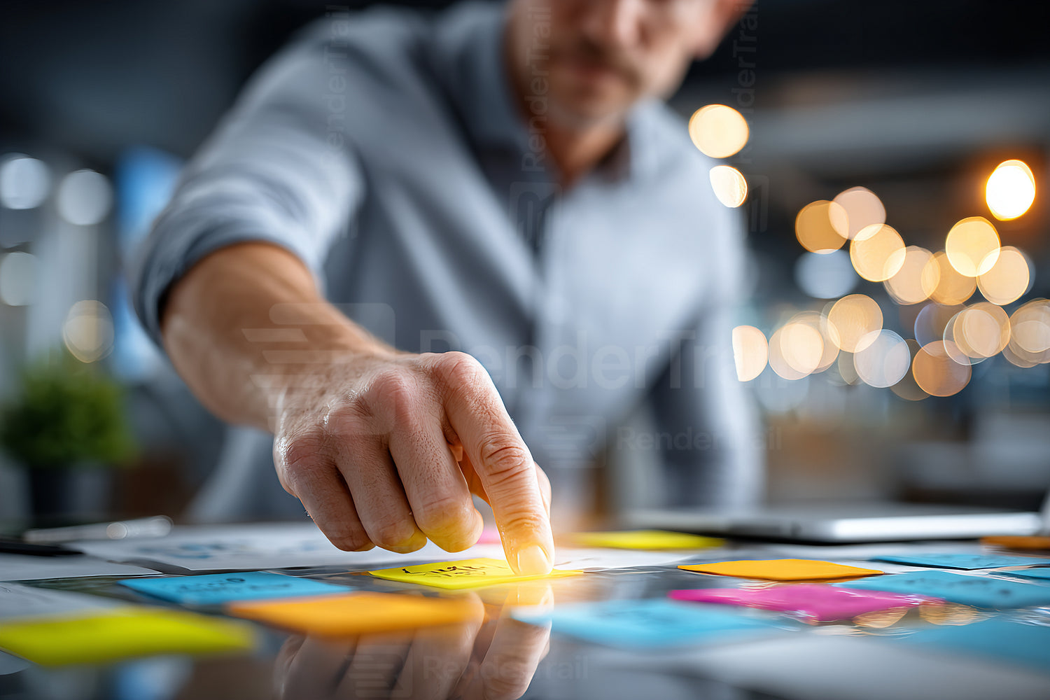 Creative brainstorming session with sticky notes in a modern office environment during the afternoon